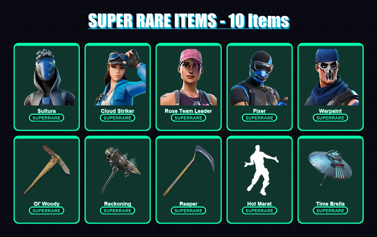 [PS4/PS5/XBOX/PC] | Sultura | Cloud Striker | Rose Team Leader | Fixer | Warpaint | 195 skin | 225 pickaxe | 156 emote | 170 glider | Lv2564