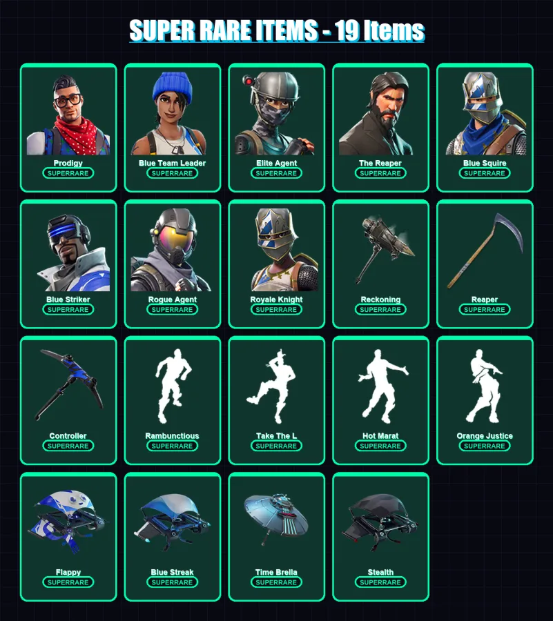 [PS4/PS5/XBOX/PC] | Prodigy | Blue Team Leader | Elite Agent | The Reaper | Blue Squire | 166 skin | 168 pickaxe | 177 emote | 153 glider | Lv1753
