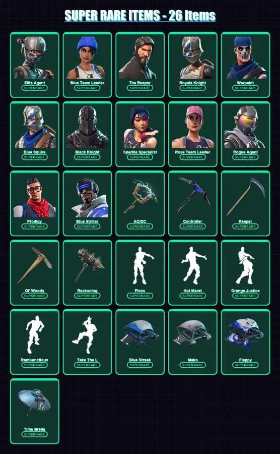 [PC/XBOX] | Elite Agent | Blue Team Leader | The Reaper | Royale Knight | Warpaint | 180 skin | 148 pickaxe | 157 emote | 156 glider | Lv1962