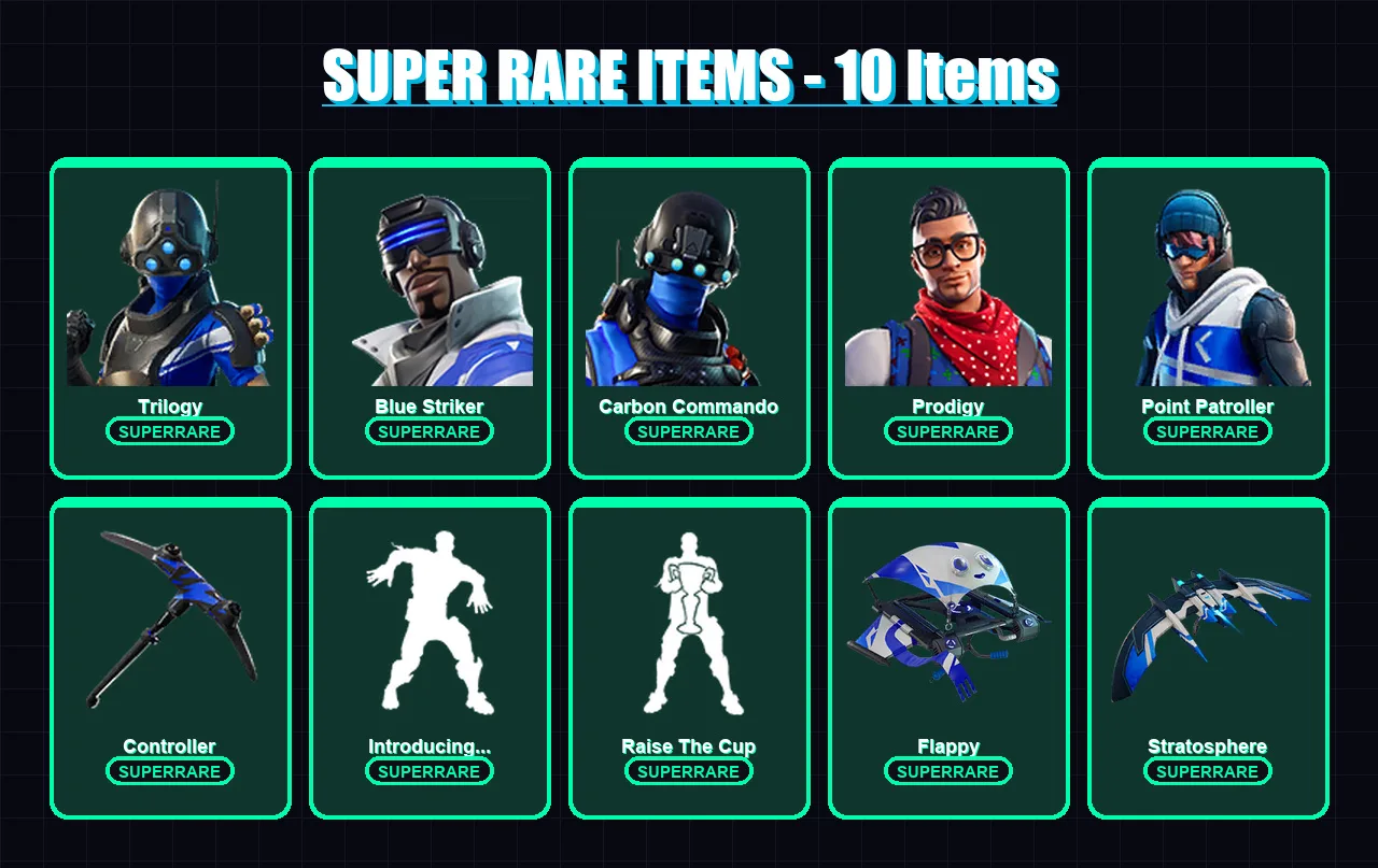 [PC/XBOX] | Trilogy | Blue Striker | Carbon Commando | Prodigy | Point Patroller | 7 skin | 10 pickaxe | 10 emote | 11 glider | Lv107