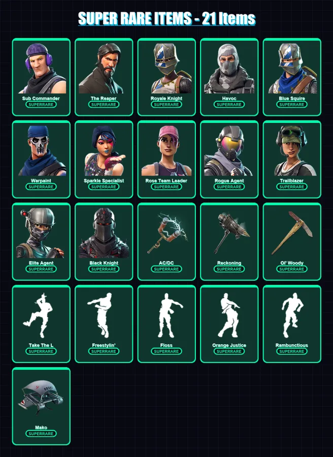 [PS4/PS5/XBOX/PC] | Sub Commander | The Reaper | Royale Knight | Havoc | Blue Squire | 82 skin | 55 pickaxe | 67 emote | 52 glider | Lv511