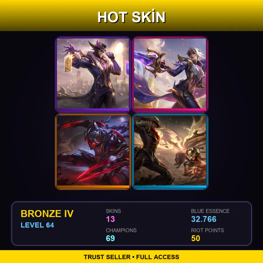 SG | Victorious Twisted Fate | Victorious Fiora | Blood Moon Zed | High Noon Talon | 13 Skin | 69 Champ | Bronze IV | Lv64