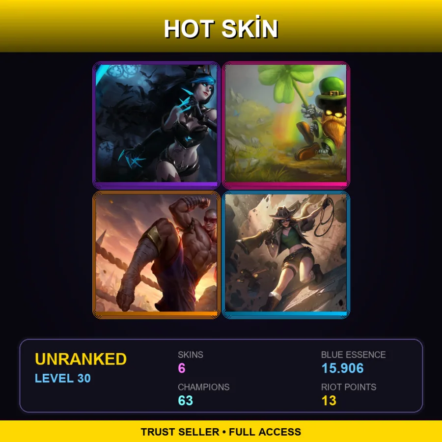 OCE | Lv30 | Unranked | 6 Skin | 63 Champ — LoL account