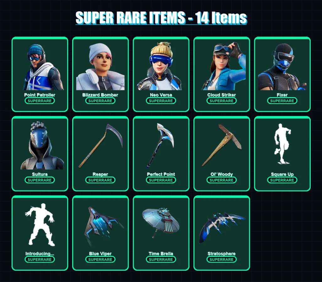 [PC] | Point Patroller | Blizzard Bomber | Neo Versa | Cloud Striker | Fixer | 160 skin | 176 pickaxe | 124 emote | 136 glider | Lv1983