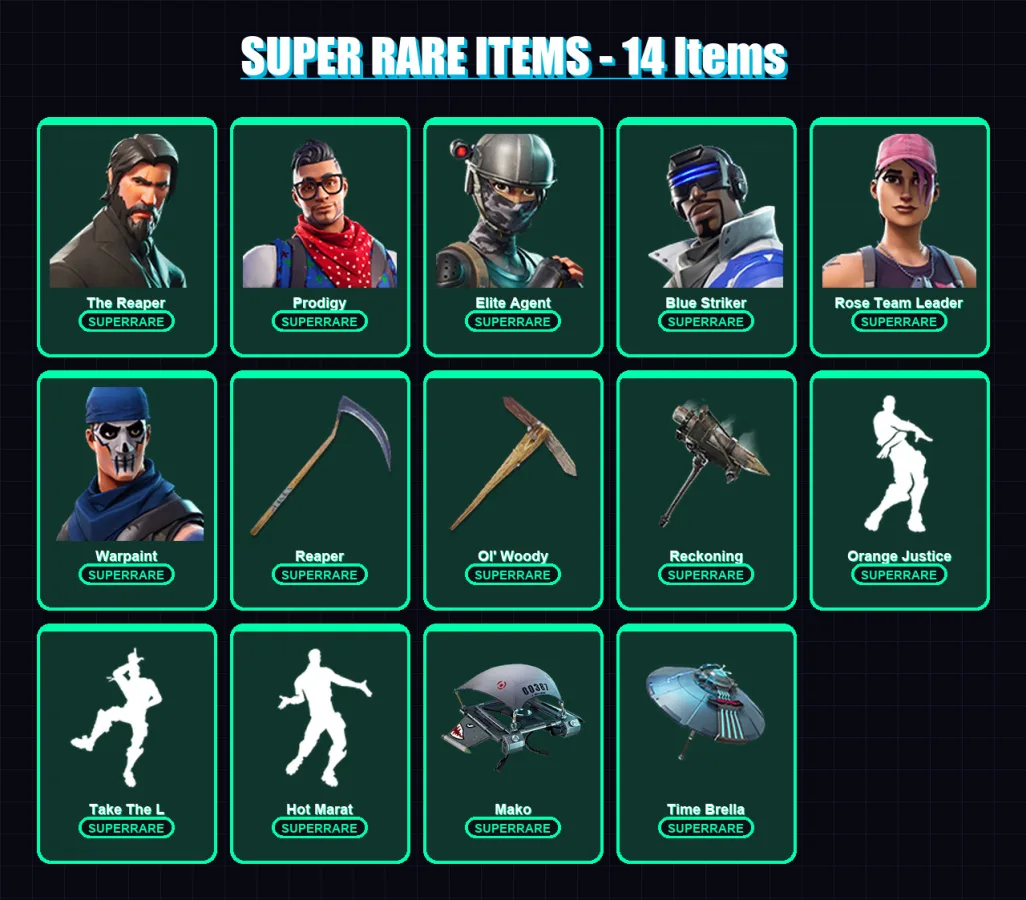 [PS4/PS5/XBOX/PC] | The Reaper | Prodigy | Elite Agent | Blue Striker | Rose Team Leader | 106 skin | 155 pickaxe | 116 emote | 124 glider | Lv2319