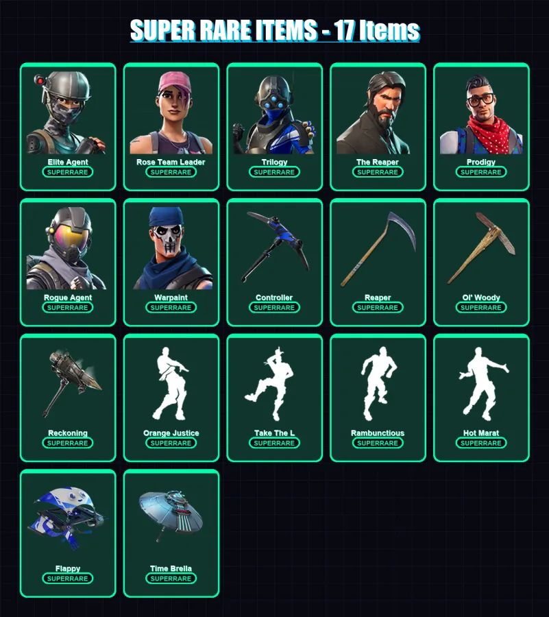 [PS4/PS5/XBOX/PC] | Elite Agent | Rose Team Leader | Trilogy | The Reaper | Prodigy | 70 skin | 54 pickaxe | 76 emote | 73 glider | Lv845