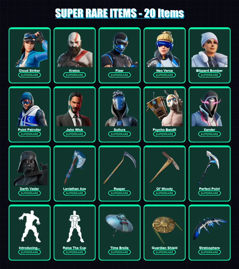 [PS4/PS5/XBOX/PC] | Cloud Striker | Kratos | Fixer | Neo Versa | Blizzard Bomber | 195 skin | 207 pickaxe | 151 emote | 182 glider | Lv2407