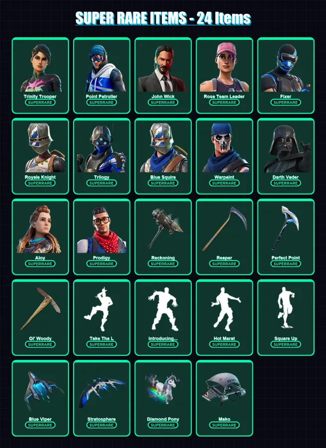 [SWITCH/PC] | Trinity Trooper | Point Patroller | John Wick | Rose Team Leader | Fixer | 291 skin | 244 pickaxe | 396 emote | 147 glider | Lv1682