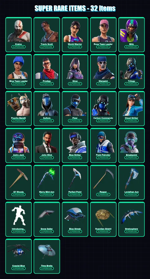 [PC] | Renegade Raider | Kratos | Travis Scott | World Warrior | Rose Team Leader | 471 skin | 356 pickaxe | 188 emote | 189 glider | Lv2505