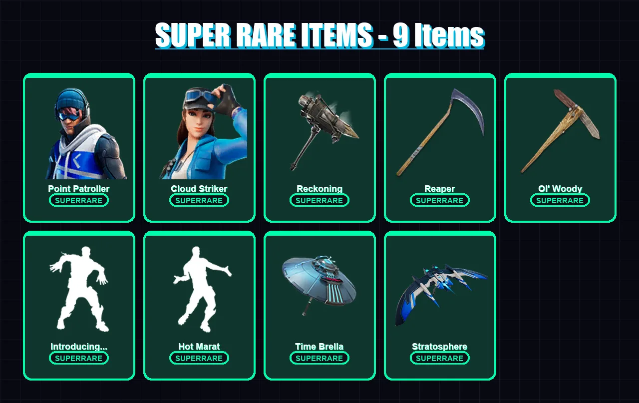 [PS4/PS5/XBOX/PC] | Point Patroller | Cloud Striker | Calamity | Frostbite | The Foundation | 118 skin | 177 pickaxe | 145 emote | 150 glider | Lv24