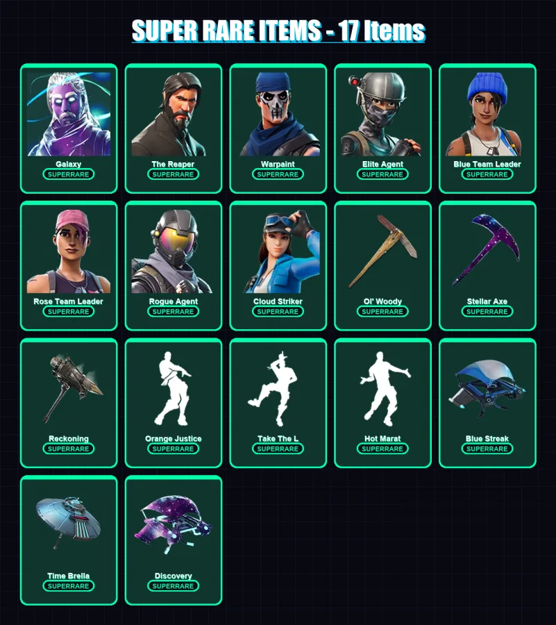 [PS4/PS5/XBOX/PC] | Galaxy | The Reaper | Warpaint | Elite Agent | Blue Team Leader | 106 skin | 77 pickaxe | 90 emote | 96 glider | Lv1297