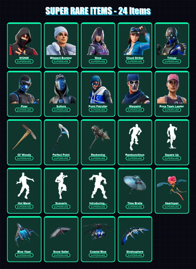 [PS4/PS5/XBOX/PC] | IKONIK | Blizzard Bomber | Glow | Cloud Striker | Trilogy | 101 skin | 96 pickaxe | 148 emote | 100 glider | Lv1303