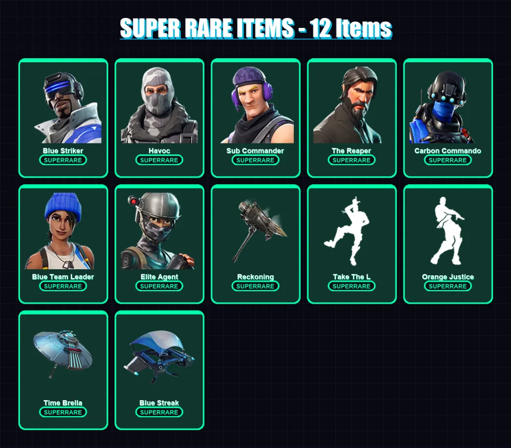 [PS4/PS5/XBOX/PC] | Blue Striker | Havoc | Sub Commander | The Reaper | Carbon Commando | 99 skin | 103 pickaxe | 75 emote | 107 glider | Lv1313