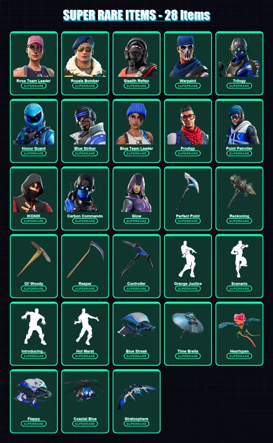 [PC/XBOX/PSN] | Rose Team Leader | Royale Bomber | Stealth Reflex | Warpaint | Trilogy | 162 skin | 124 pickaxe | 101 emote | 118 glider | Lv1404