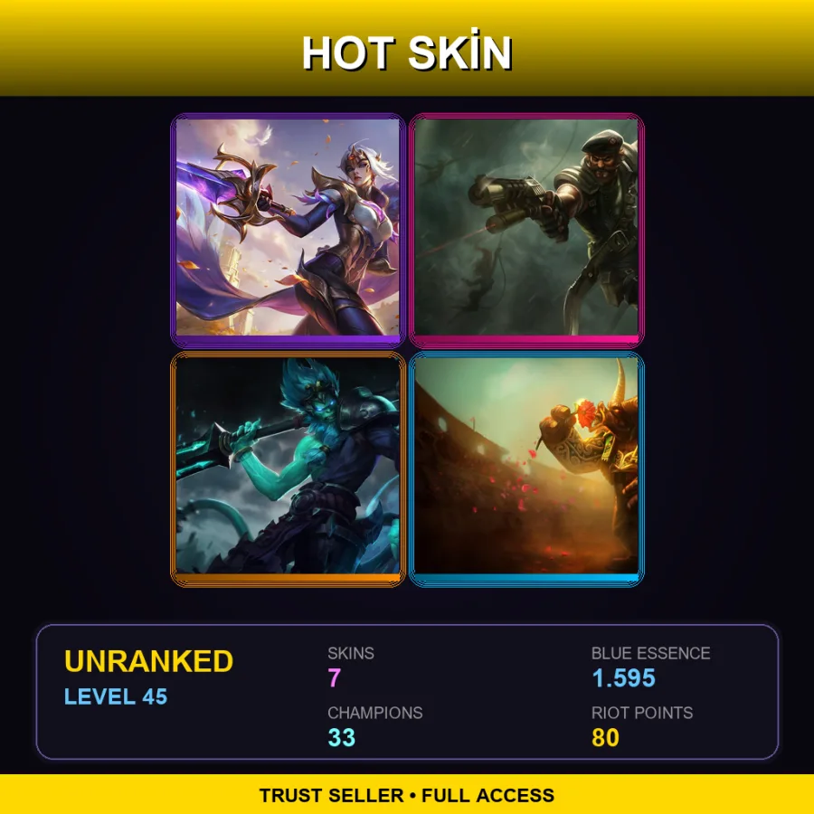 OCE | Lv45 | Unranked | 7 Skin | 33 Champ — LoL account