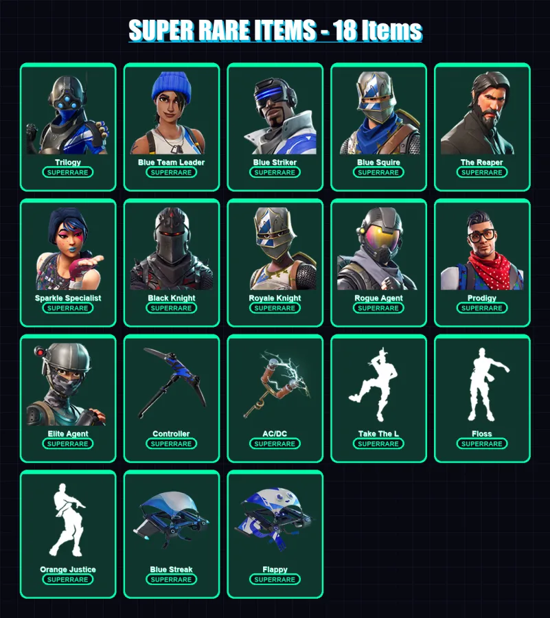 [PS4/PS5/XBOX/PC] | Trilogy | Blue Team Leader | Blue Striker | Blue Squire | The Reaper | 25 skin | 29 pickaxe | 31 emote | 33 glider | Lv474
