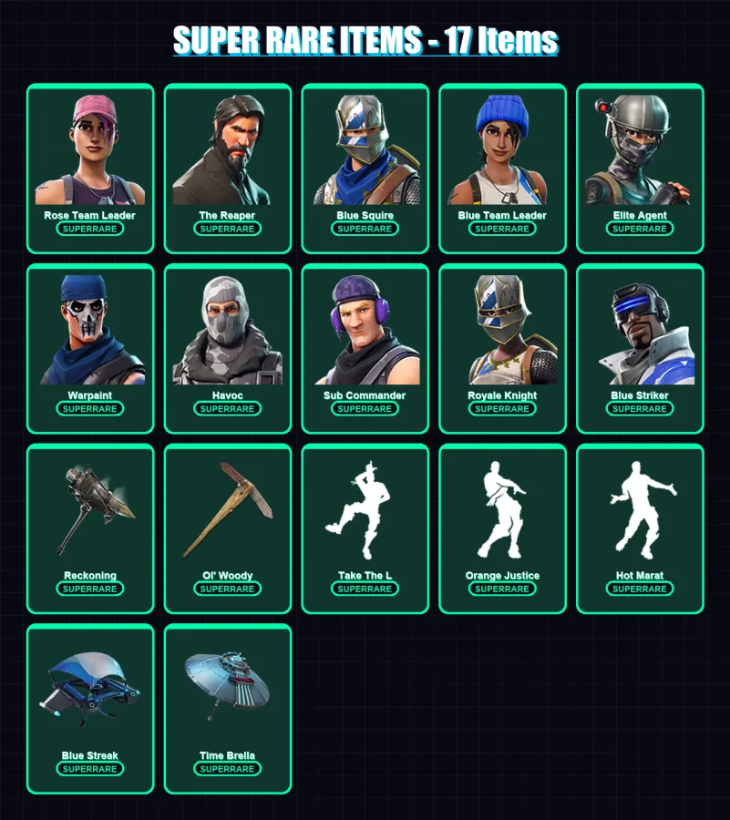 [PS4/PS5/XBOX/PC] | Rose Team Leader | The Reaper | Blue Squire | Blue Team Leader | Elite Agent | 59 skin | 59 pickaxe | 73 emote | 65 glider | Lv8