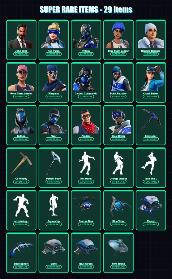 [PC/XBOX] | John Wick | Neo Versa | Trilogy | Blue Team Leader | Blizzard Bomber | 81 skin | 98 pickaxe | 104 emote | 91 glider | Lv1173 — Game account