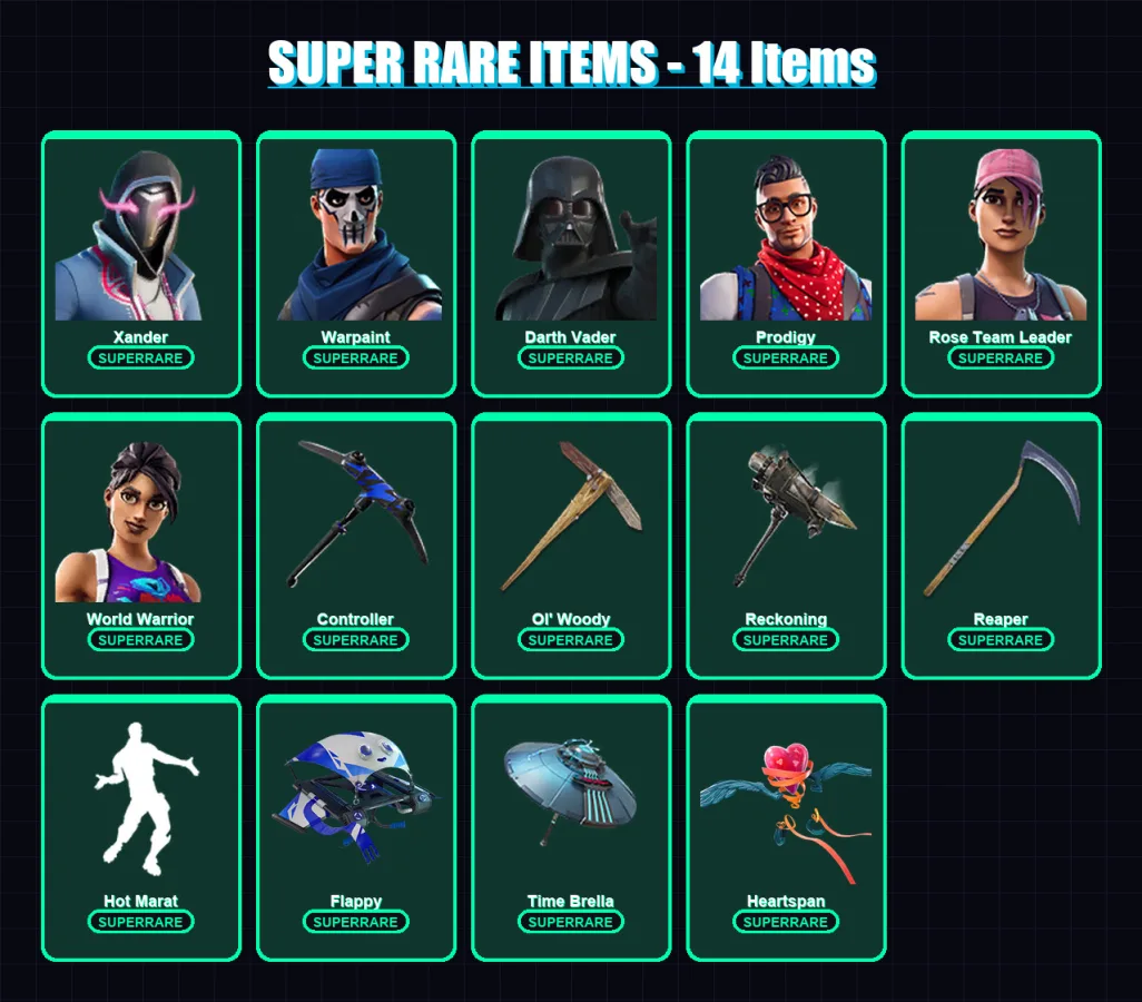 [PC/XBOX] | Xander | Warpaint | Darth Vader | Prodigy | Rose Team Leader | 315 skin | 315 pickaxe | 265 emote | 222 glider | Lv2560
