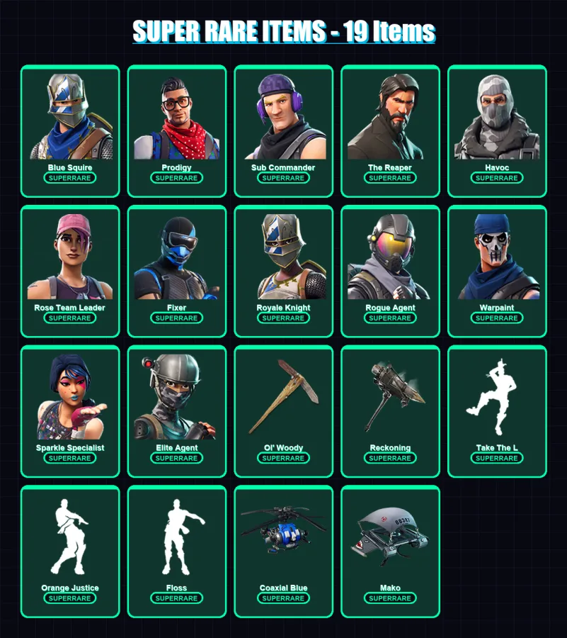 [PS4/PS5/XBOX/PC] | Blue Squire | Prodigy | Sub Commander | The Reaper | Havoc | 55 skin | 34 pickaxe | 56 emote | 43 glider | Lv522