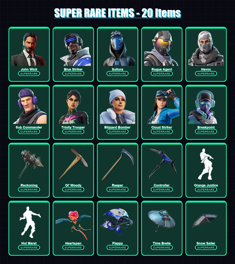 [PS4/PS5/XBOX/PC] | John Wick | Blue Striker | Sultura | Rogue Agent | Havoc | 332 skin | 266 pickaxe | 183 emote | 209 glider | Lv3192