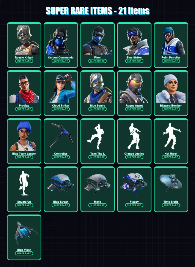 [PS4/PS5/XBOX/PC] | Royale Knight | Carbon Commando | Fixer | Blue Striker | Point Patroller | 97 skin | 110 pickaxe | 111 emote | 100 glider | Lv16