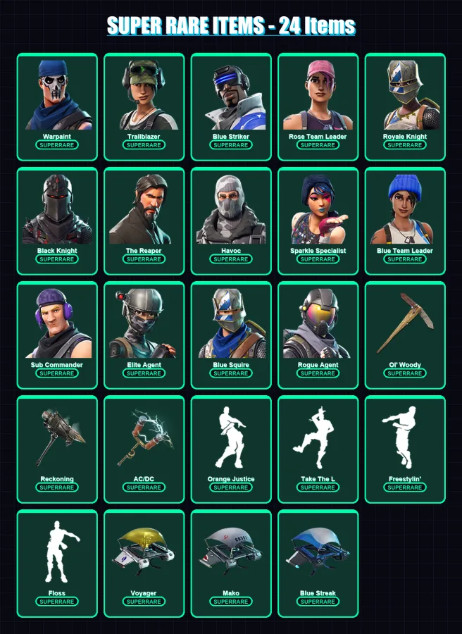 [PC] | Warpaint | Trailblazer | Blue Striker | Rose Team Leader | Royale Knight | 40 skin | 27 pickaxe | 34 emote | 31 glider | Lv449