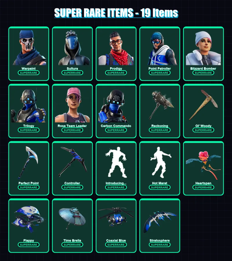 [PC/XBOX] | Warpaint | Sultura | Prodigy | Point Patroller | Blizzard Bomber | 63 skin | 72 pickaxe | 80 emote | 70 glider | Lv834