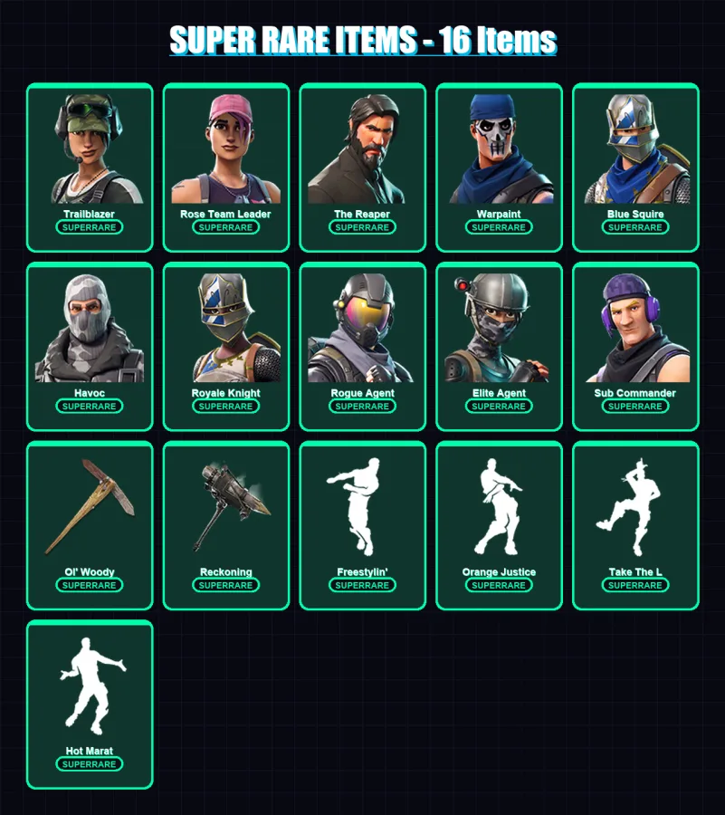 [PC/XBOX/PSN] | Trailblazer | Rose Team Leader | The Reaper | Warpaint | Blue Squire | 98 skin | 76 pickaxe | 76 emote | 72 glider | Lv1128