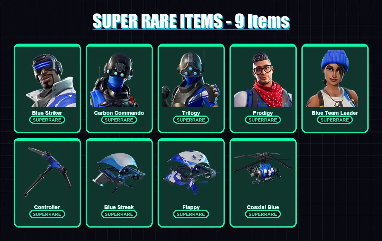 [PS4/PS5/XBOX/PC] | Blue Striker | Carbon Commando | Trilogy | Prodigy | Blue Team Leader | 10 skin | 18 pickaxe | 15 emote | 20 glider | Lv262