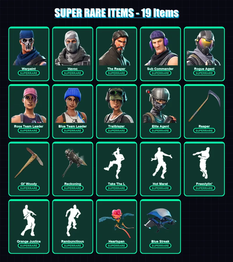 [PC/XBOX/PSN] | Warpaint | Havoc | The Reaper | Sub Commander | Rogue Agent | 99 skin | 69 pickaxe | 110 emote | 49 glider | Lv526