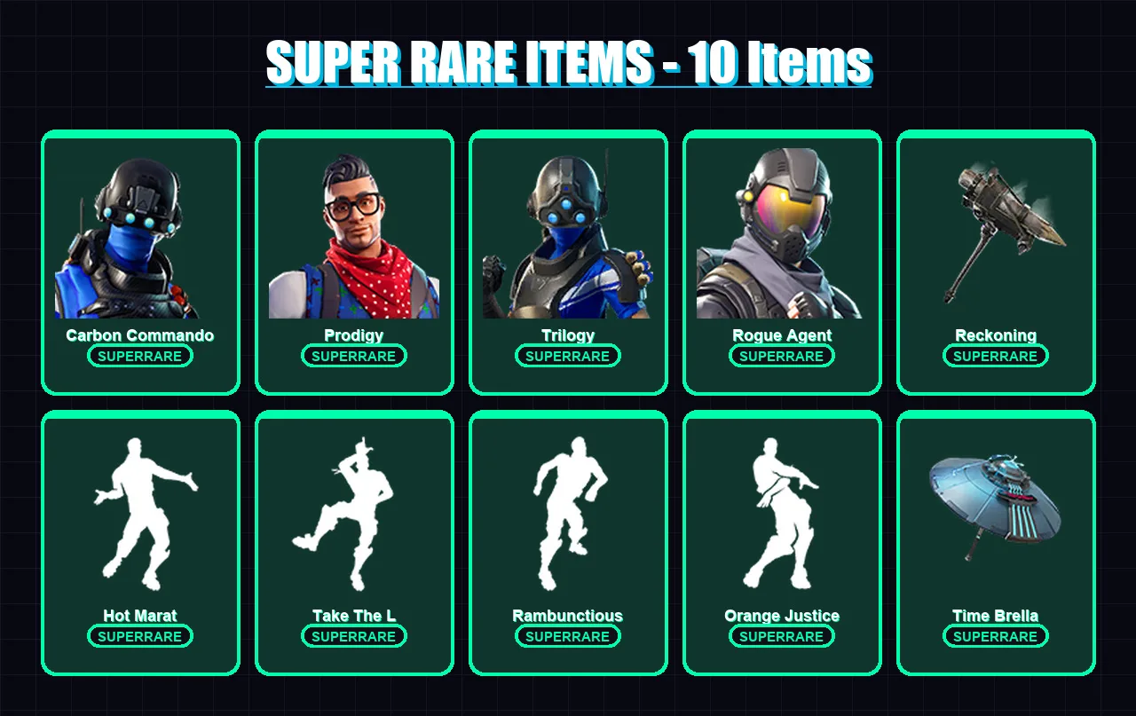 [PS4/PS5/XBOX/PC] | Carbon Commando | Prodigy | Trilogy | Rogue Agent | Midas | 60 skin | 71 pickaxe | 81 emote | 79 glider | Lv1335