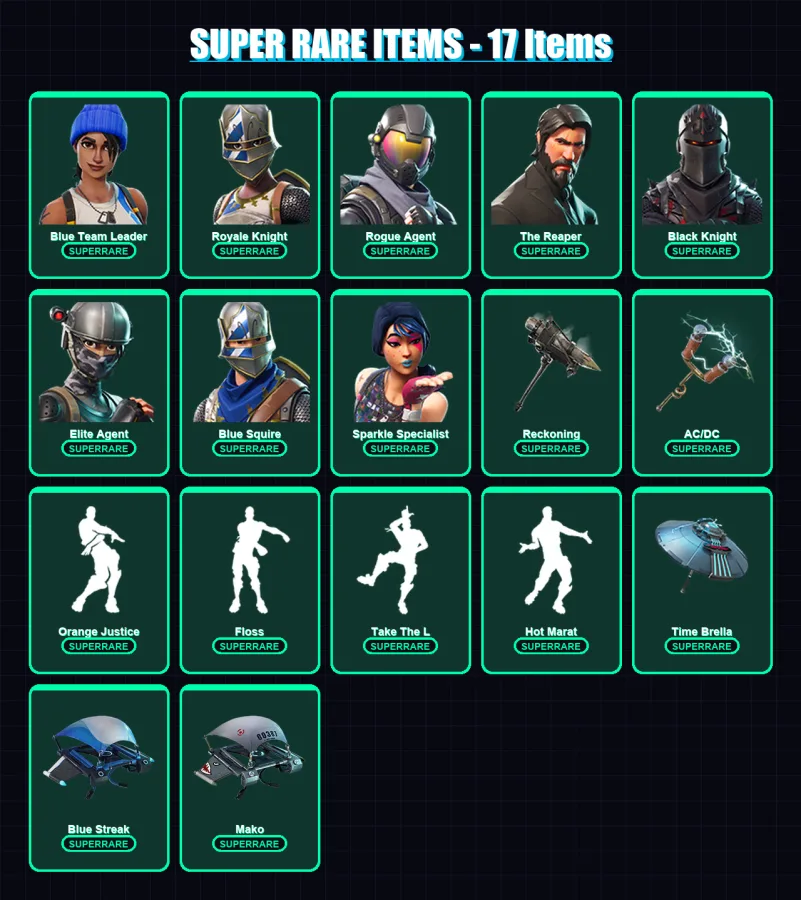 [PS4/PS5/XBOX/PC] | Blue Team Leader | Royale Knight | Rogue Agent | The Reaper | Black Knight | 103 skin | 67 pickaxe | 96 emote | 82 glider | Lv12