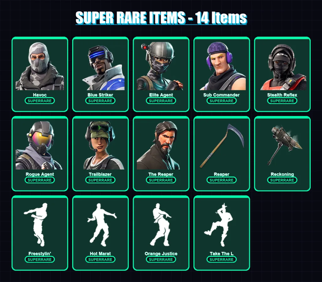 [PC/XBOX] | Havoc | Blue Striker | Elite Agent | Sub Commander | Stealth Reflex | 158 skin | 114 pickaxe | 97 emote | 101 glider | Lv1618