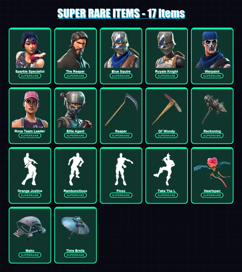 [PC] | Sparkle Specialist | The Reaper | Blue Squire | Royale Knight | Warpaint | 92 skin | 84 pickaxe | 69 emote | 70 glider | Lv810