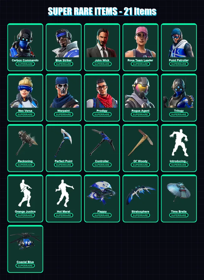 [PC/XBOX] | Carbon Commando | Blue Striker | John Wick | Rose Team Leader | Point Patroller | 154 skin | 163 pickaxe | 145 emote | 135 glider | Lv20 — Game account