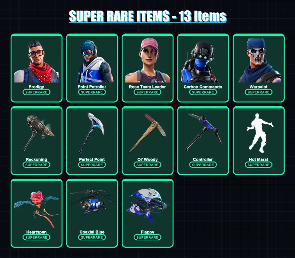 [PS4/PS5/XBOX/PC] | Prodigy | Point Patroller | Rose Team Leader | Carbon Commando | Warpaint | 38 skin | 41 pickaxe | 53 emote | 53 glider | Lv583