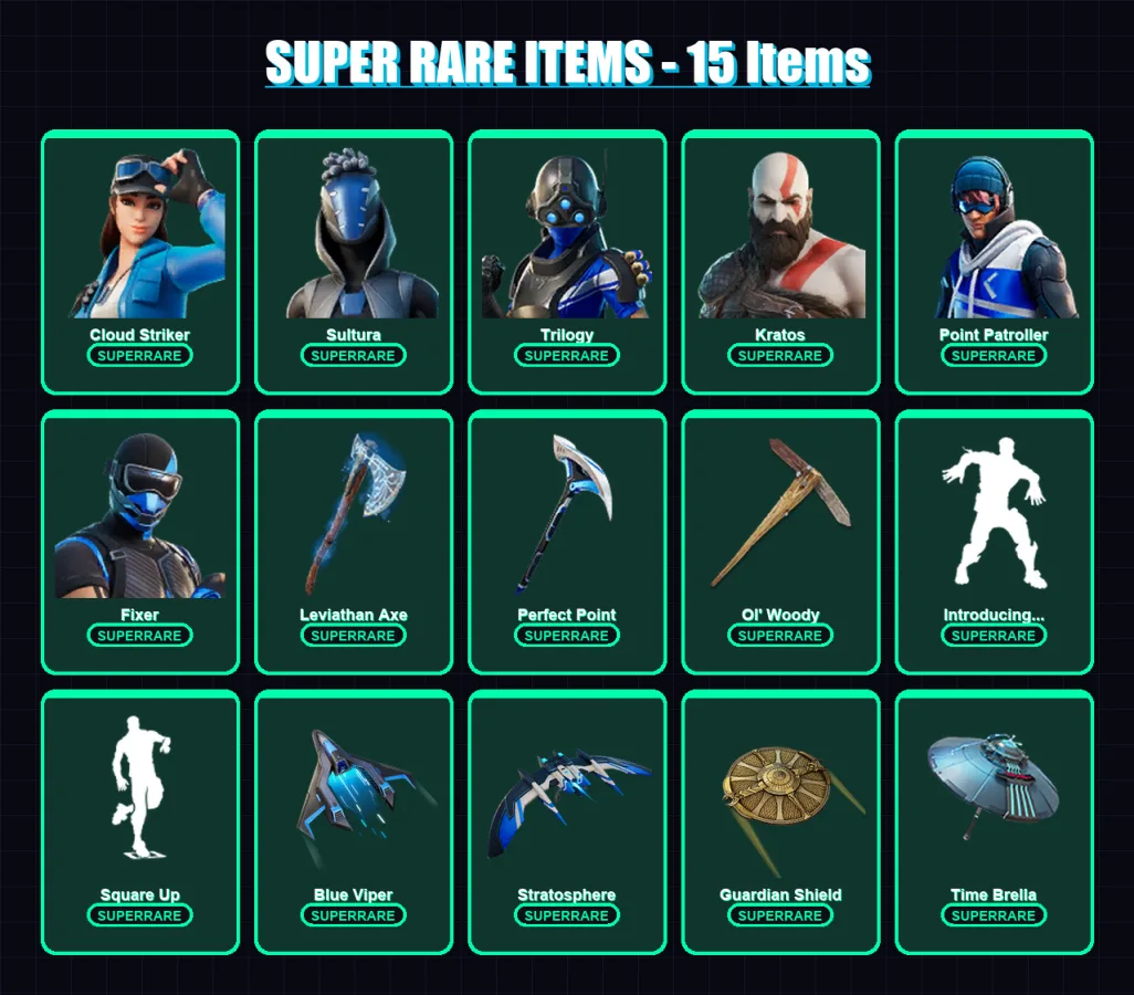 [PS4/PS5/XBOX/PC] | Cloud Striker | Sultura | Trilogy | Kratos | Point Patroller | 103 skin | 103 pickaxe | 107 emote | 92 glider | Lv1410