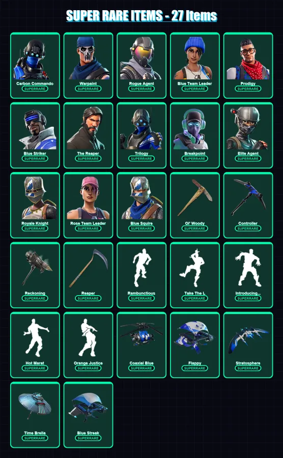 [PC] | Carbon Commando | Warpaint | Rogue Agent | Blue Team Leader | Prodigy | 258 skin | 221 pickaxe | 229 emote | 183 glider | Lv1748