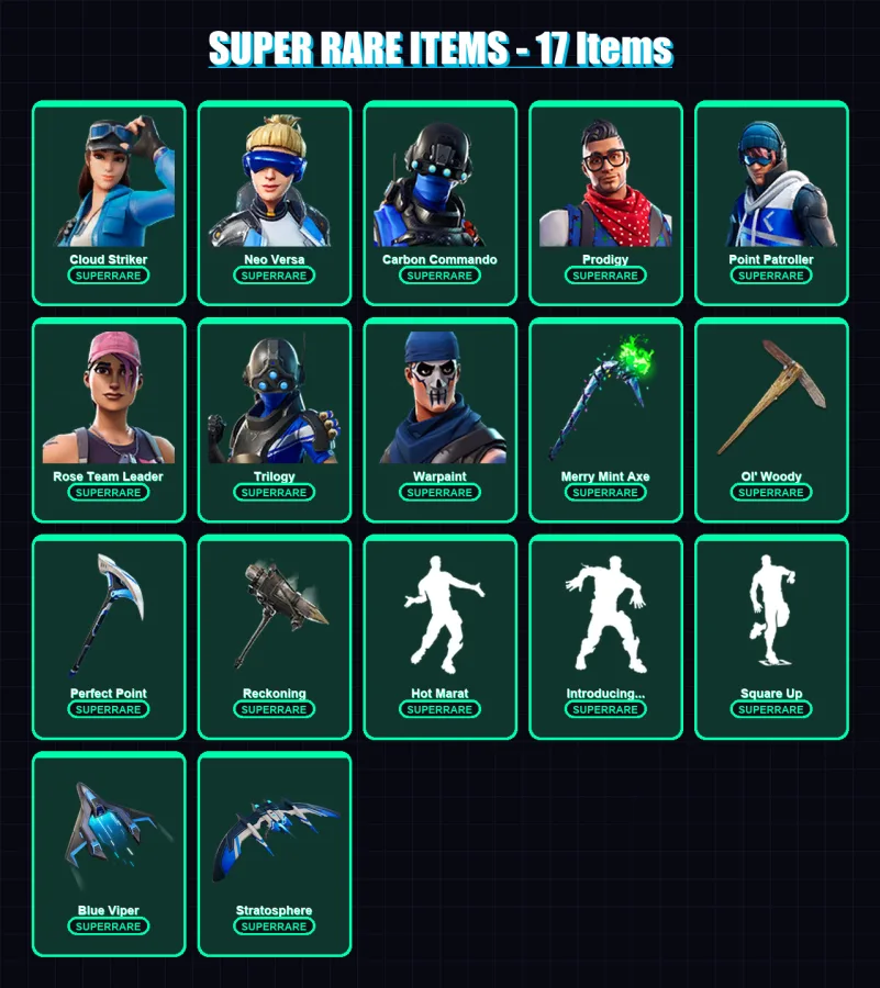[PC/XBOX/PSN] | Cloud Striker | Neo Versa | Carbon Commando | Prodigy | Point Patroller | 106 skin | 129 pickaxe | 124 emote | 95 glider | Lv1593