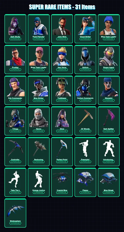 [PS4/PS5/PC] | Dark Skully | Point Patroller | John Wick | Cloud Striker | Blue Team Leader | 211 skin | 177 pickaxe | 109 emote | 119 glider | Lv12