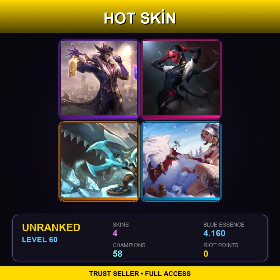 EUW | Lv60 | Unranked | 4 Skin | 58 Champ