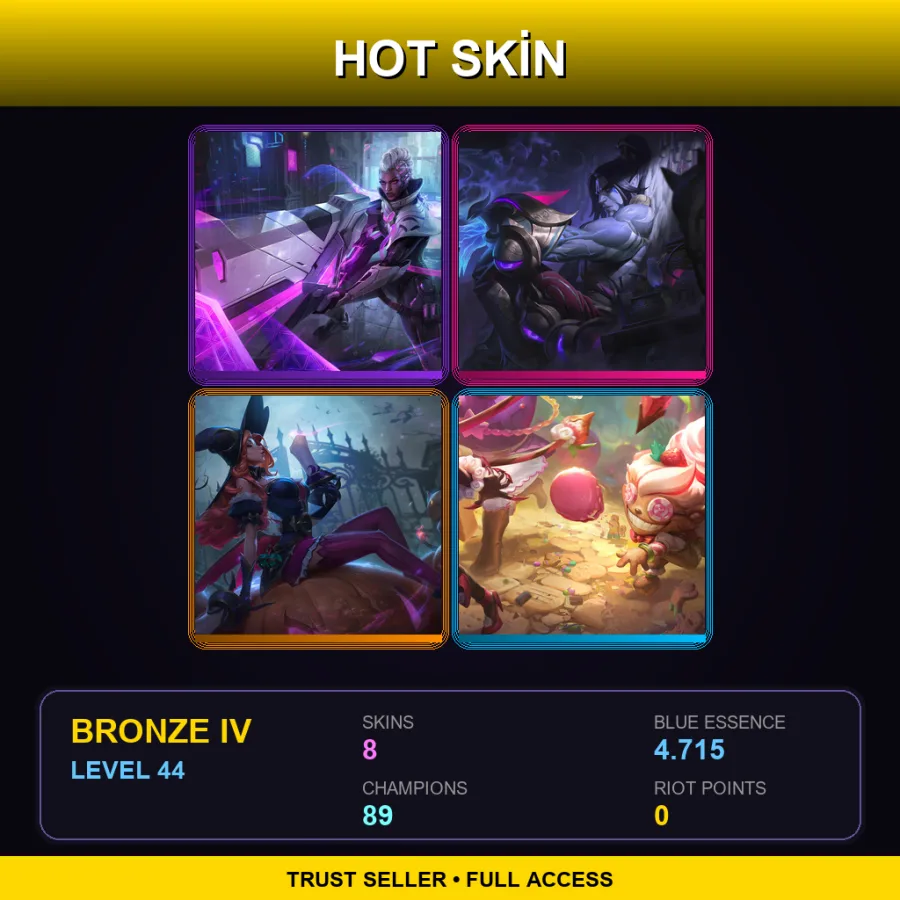 EUW | Lv44 | Bronze IV | 8 Skin | 89 Champ