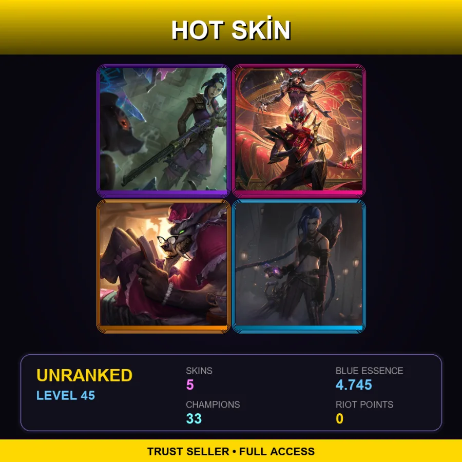 LAS | Lv45 | Unranked | 5 Skin | 33 Champ — LoL account
