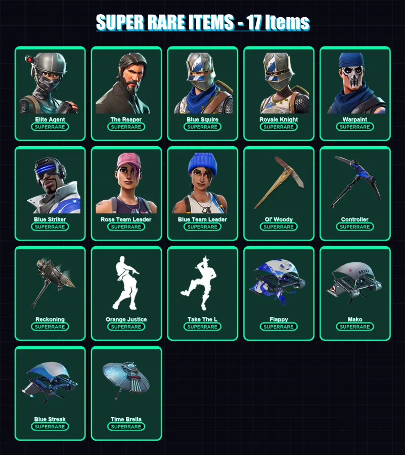 [PS4/PS5/XBOX/PC] | Elite Agent | The Reaper | Blue Squire | Royale Knight | Warpaint | 38 skin | 30 pickaxe | 36 emote | 44 glider | Lv563