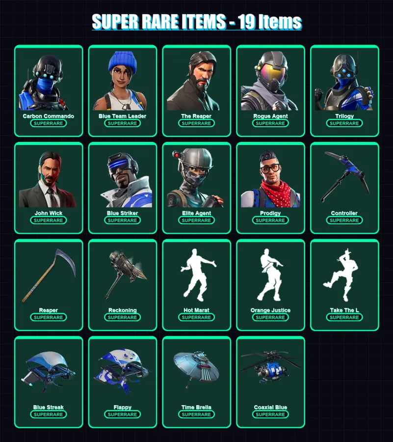 [PC] | Carbon Commando | Blue Team Leader | The Reaper | Rogue Agent | Trilogy | 74 skin | 57 pickaxe | 70 emote | 58 glider | Lv748