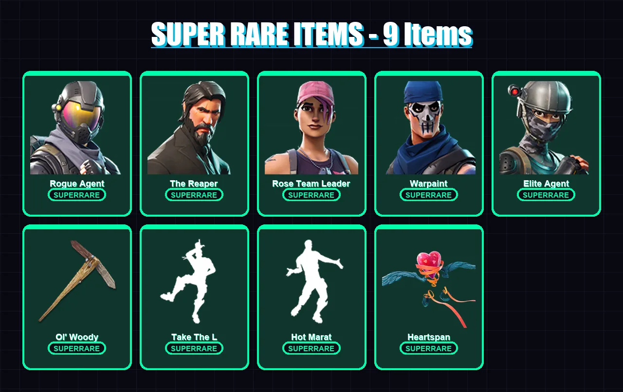 [PS4/PS5/PC] | Rogue Agent | The Reaper | Rose Team Leader | Warpaint | Elite Agent | 205 skin | 158 pickaxe | 170 emote | 99 glider | Lv2626