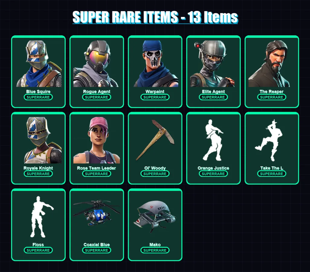 [PC] | Blue Squire | Rogue Agent | Warpaint | Elite Agent | The Reaper | 30 skin | 34 pickaxe | 43 emote | 38 glider | Lv568