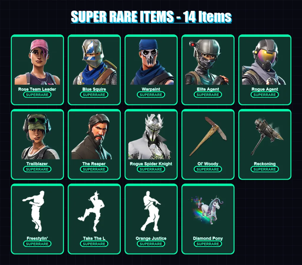 [PC] | Rose Team Leader | Blue Squire | Warpaint | Elite Agent | Rogue Agent | 81 skin | 64 pickaxe | 66 emote | 59 glider | Lv822