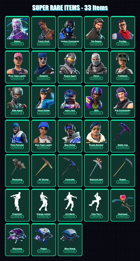[PS4/PS5/XBOX/PC] | Galaxy | Travis Scott | Carbon Commando | The Reaper | Prodigy | 388 skin | 216 pickaxe | 221 emote | 158 glider | Lv2108